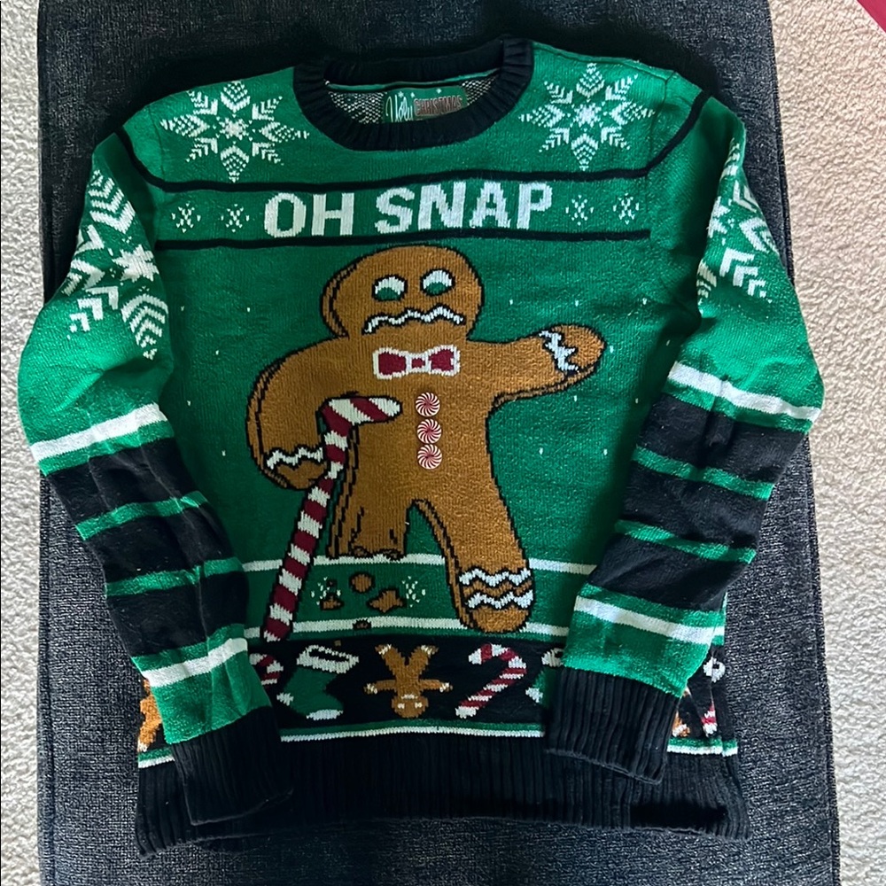 Ugly Christmas Sweater Green and Black Crew Neck with Gingerbread Motifs